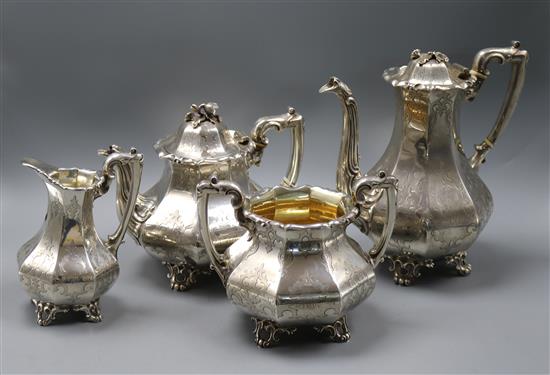 A Victorian silver octagonal four piece tea and coffee service by Riley & Storer, London, 1849, gross 75 oz.